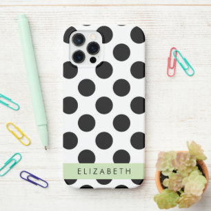 Coque iPhone 12 Pro Pois noirs et blancs, pointillés, Votre nom