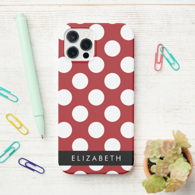Coque iPhone Pois Rouges, Motif Polka Dot, Votre Nom (Sur le bureau)