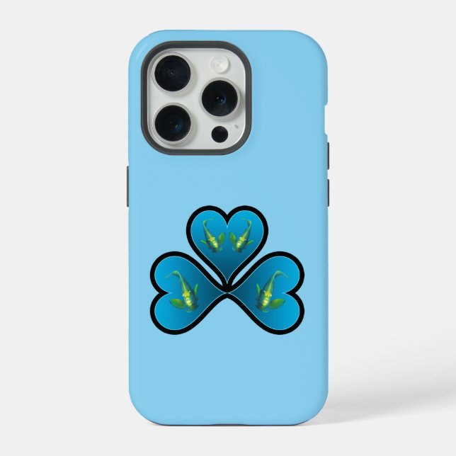Coque iPhone Poisson-ange jumeaux - 3 cœurs bleus à bordure noi (Verso)