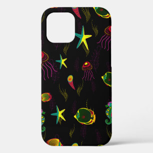 Coque iPhone 12 Poisson jaune, noir et marron sans soudure motif.