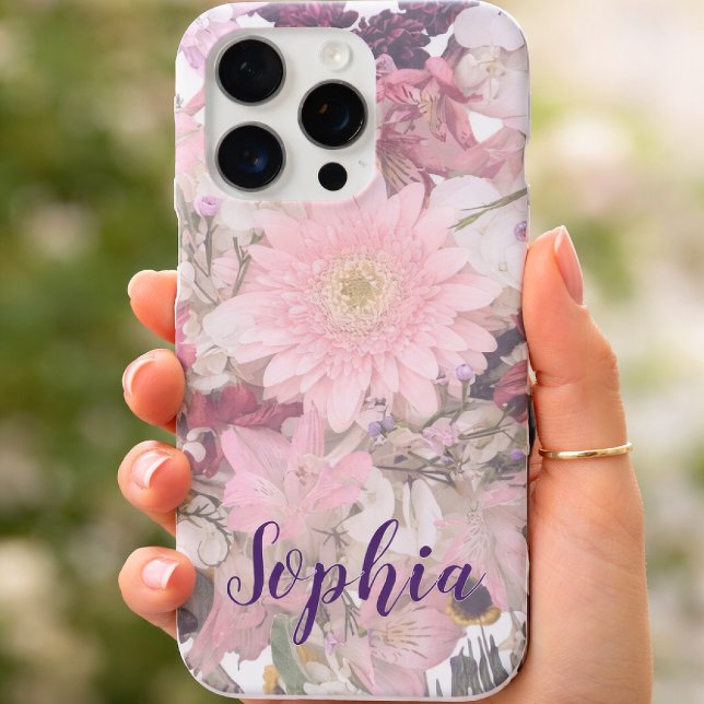 Coque iPhone Police d'écriture élégante Nom personnalisé Fleurs (Elegant Soft Pink Blush Floral Custom iPhone Case)