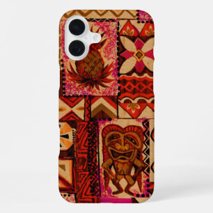 Coque iPhone 16 Plus Pomaika’i Tiki Hawaïen Bois Faux Tapa Cas Vintage