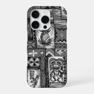 Coque iPhone 16 Pro Pomaika’i Tiki Hawaiian Vintage Tapa Grey
