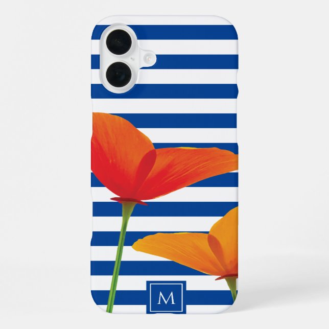 Coque iPhone Poppy Chic Rayures Bleues Monogramme (Verso)
