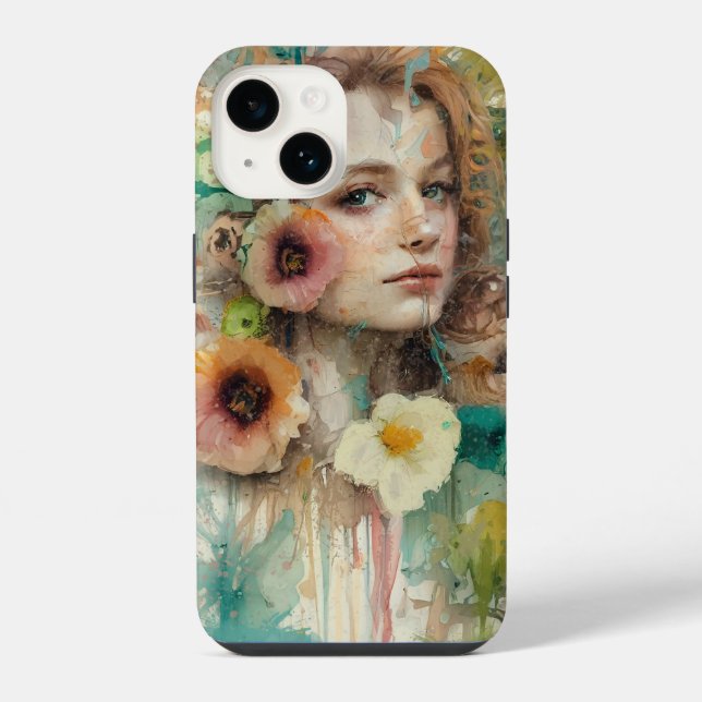 Coque iPhone Portrait Abstrait de femme de fleurs (Verso)