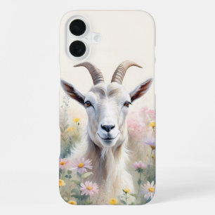 Coque iPhone 16 Plus Portrait de chèvre dans un champ de fleurs pastel