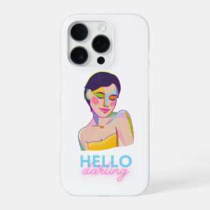 Coque iPhone 16 Pro Portrait de femme avec typographie Hello Darling