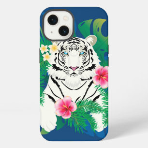 Etui iPhone 13 Portrait de tigre blanc avec feuilles tropicales