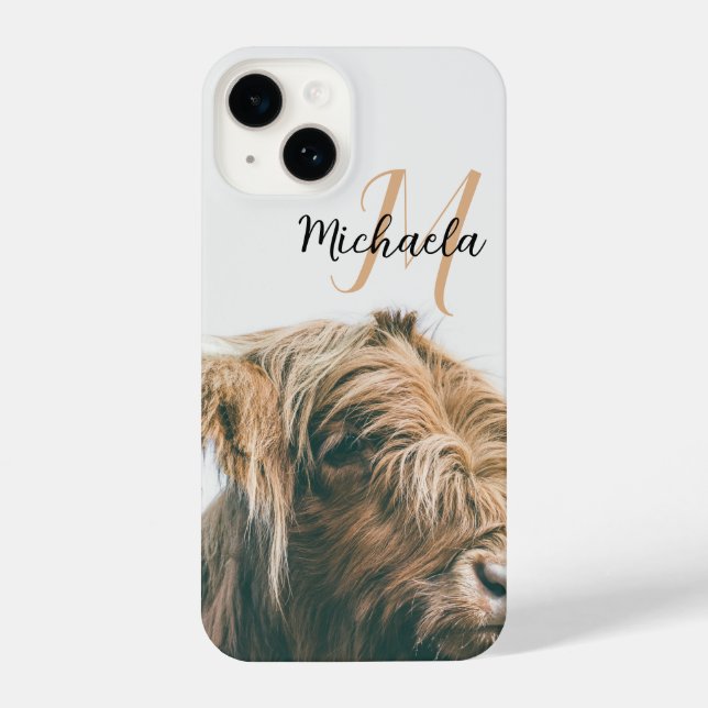 Coque iPhone Portrait de vache Highland nom personnalisé monogr (Verso)