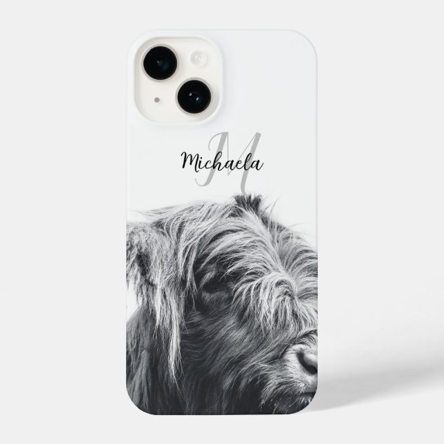 Coque iPhone Portrait de vache Highland premier monogramme noir (Verso)
