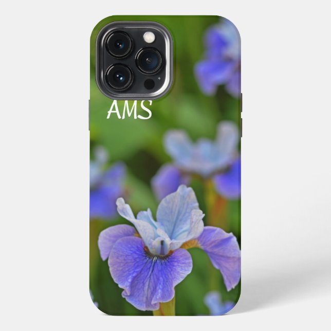 Coque iPhone Portrait Fleur Iris Bleu Initiales personnalisées (Verso)