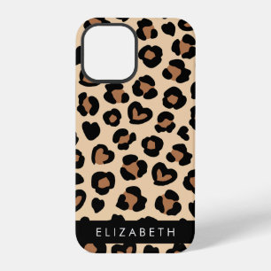 Coque iPhone 12 Pro Poster de animal, Léopard Brown, Coeurs, Votre Nom