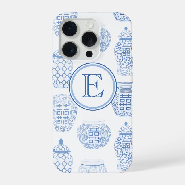 Coque iPhone Pot à gingembre bleu et blanc à monogramme Prépa (Verso)