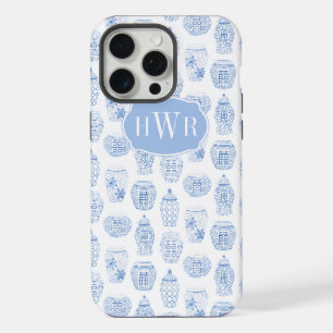 Coque iPhone 15 Pro Max Pot à gingembre élégant bleu et blanc monogrammé