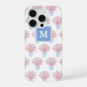 Coque iPhone 15 Pro Pot à gingembre préppy monogramme fleurs roses ble