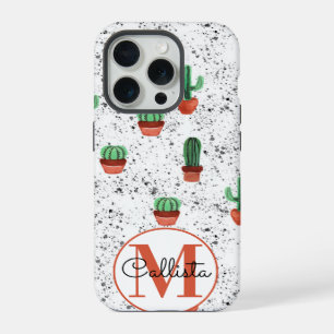 Coque iPhone 15 Pro Pots en terre cuite verte motif cactus monogramme