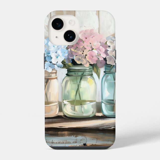 Coque iPhone Pots Mason Fleur Hydrangea Vintage (Verso)