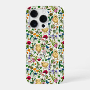 Coque iPhone 16 Pro Poulets et fleurs sauvages sur blanc cassé