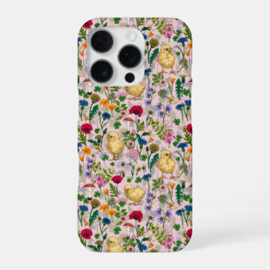 Coque iPhone 16 Pro Poulets et fleurs sauvages sur coton bonbon rose