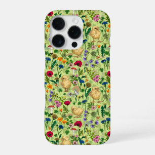 Coque iPhone 16 Pro Poulets et fleurs sauvages sur le vert de rosée mi