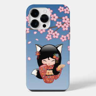 Coque Pour Pour iPhone 14 Pro Max Poupée Kitsune Kokeshi - Black Fox Geisha Girl
