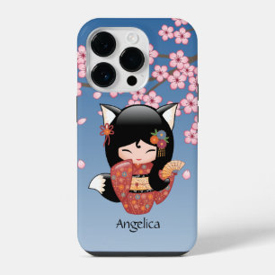 Coque Pour iPhone 14 Pro Poupée Kitsune Kokeshi - Black Fox Geisha Girl