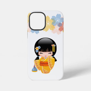 Coque iPhone 12 Mini Poupée Kokeshi d'été - Fille Geisha en Kimono Jaun