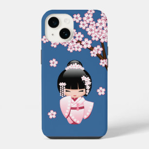 Coque Pour iPhone 14 Poupée Kokeshi Kawaii Kimono Rose sur Fond Bleu