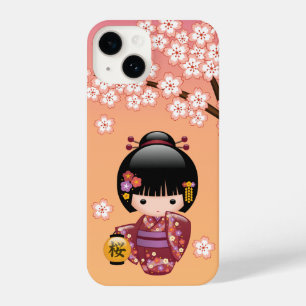 Coque Pour iPhone 14 Poupée Sakura Kokeshi - Geisha Girl on Peach