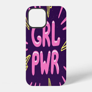 Coque iPhone 12 Pouvoir des filles slogan féministe, fond violet.