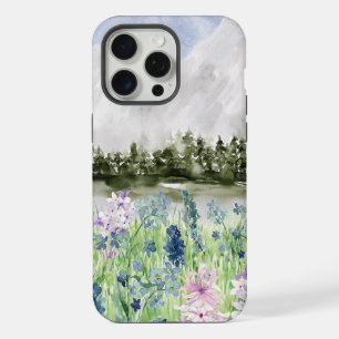 Coque iPhone 15 Pro Max Prairie de fleurs bleues violettes à l'aquarelle s