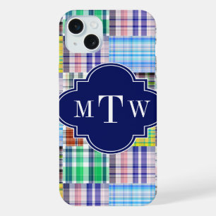 Coque iPhone 15 Plus Préparation Patchwork Madras Navy Quatrefeuilles M