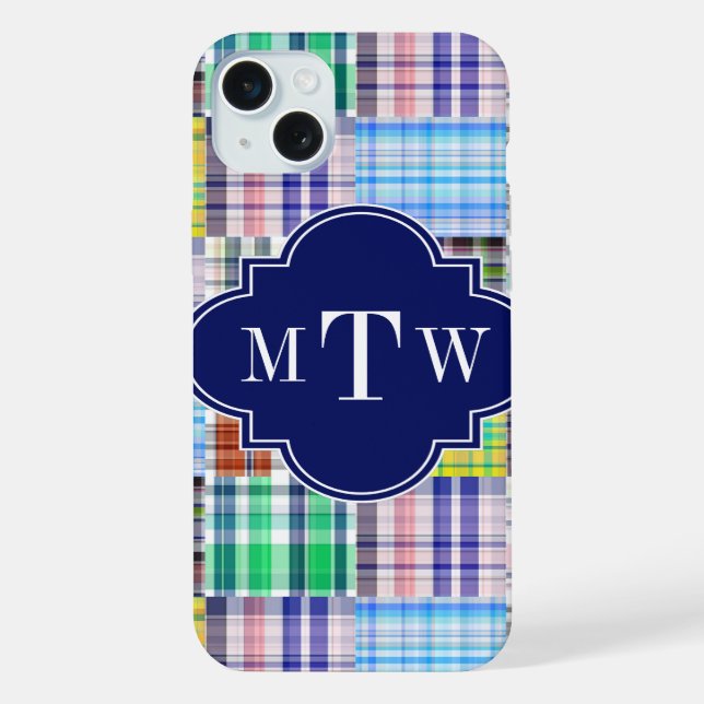 Coque iPhone Préparation Patchwork Madras Navy Quatrefeuilles M (Verso)