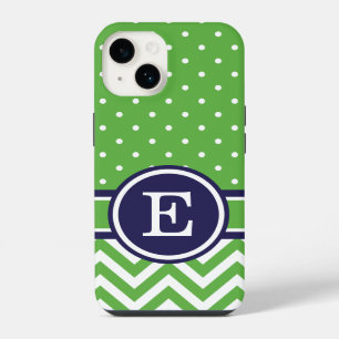 Coque Pour iPhone 14 Préparation verte et marine Chevron à pois Monogra