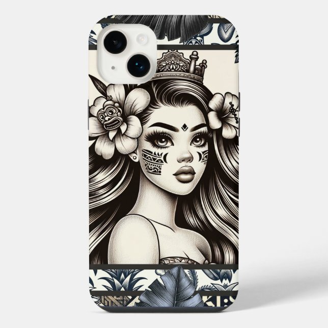 Coque iPhone Princesse Polynésienne Fleurs Bleues Tribal (Verso)