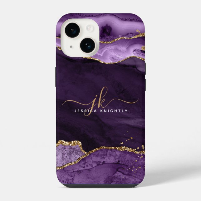 Coque iPhone Purple Agate Gold Parties scintillant Script Nom d (Verso)