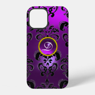 COQUE iPhone 12 PURPLE BLACK DAMASK GEMSTONE MONOGRAM FLORAL