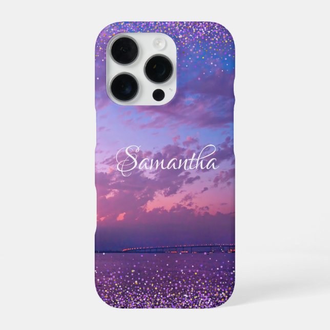 Coque iPhone Purple Ocean Sunset Nom du script de photo Confett (Verso)