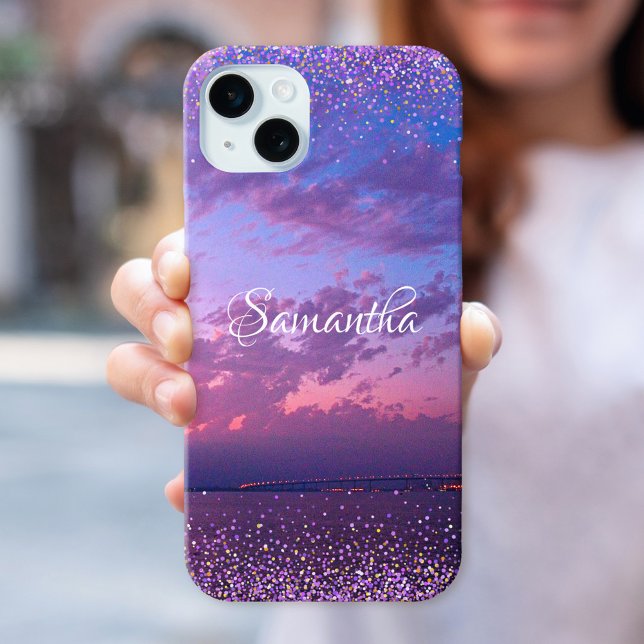 Coque iPhone Purple Ocean Sunset Photo Confetti Nom Script (Créateur téléchargé)