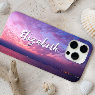 Coque iPhone 16 Pro Max Purple Ocean Sunset Photo Design Script Nom Chic