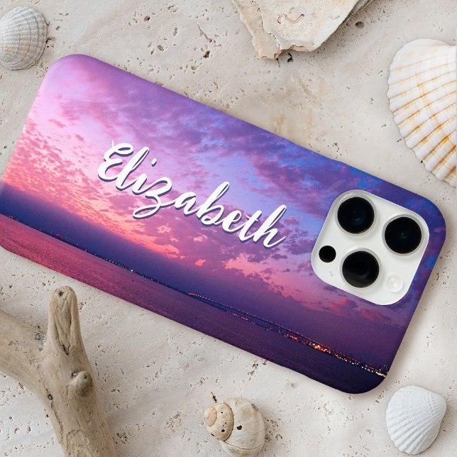 Coque iPhone Purple Ocean Sunset Photo Design Script Nom Chic (Créateur téléchargé)