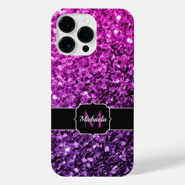 Coque iPhone Purple Pink Ombre faux scintillant Monogramme (Verso)