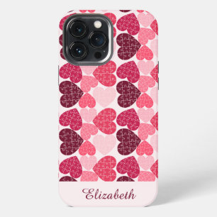 Etui iPhone 13 Pro Max Puzzle Élegant Rouge Rose Motif Cœur Nom