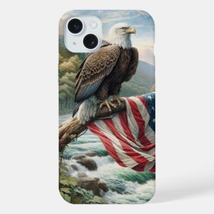 Coque iPhone 15 Plus Pygargue à tête blanche avec drapeau américain sur