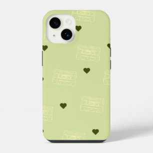 Coque Pour iPhone 14 Radio Rétro et Motif de Cœur en Vert Citron