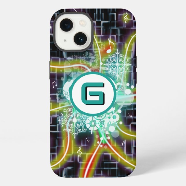 Coque iPhone Raies électriques, notes de musique, monogramme pe (Verso)