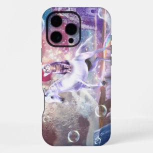 Coque iPhone 16 Pro Max Rainbow galaxy chat équitation licorne dans l'espa