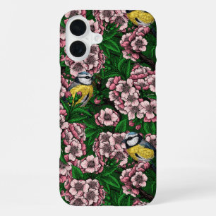 Coque iPhone 16 Plus Rameaux bleus dans le cerisier en fleurs en vert
