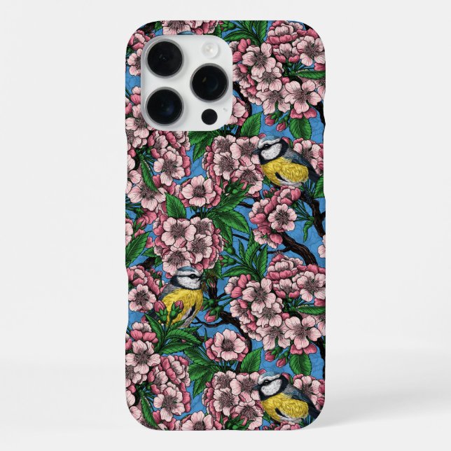 Coque iPhone Rameaux bleus dans le cerisier en fleurs sur le bl (Verso)
