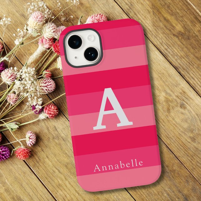 Coque iPhone Raspberry Pink Strips Nom du monogramme personnali (Créateur téléchargé)